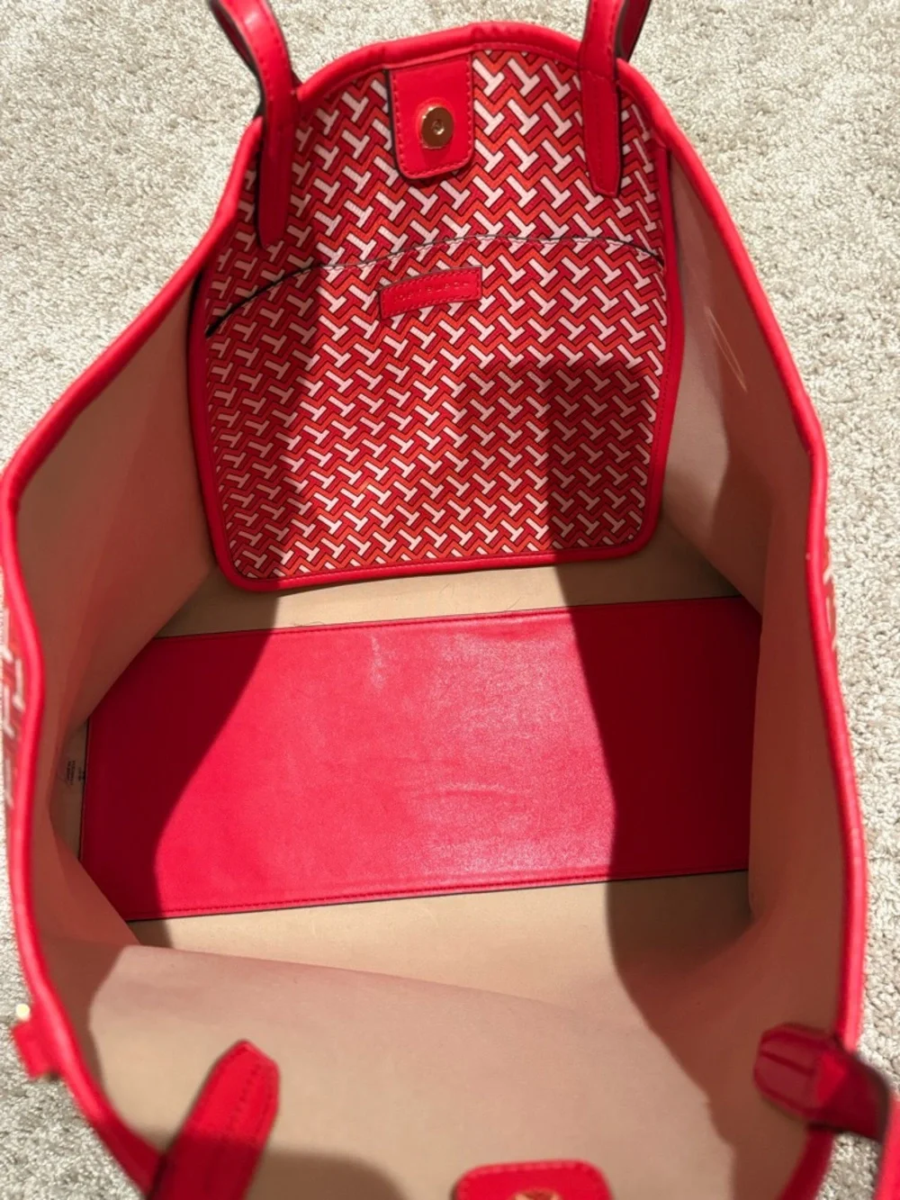 Tory Burch Red Patterned Tote with White Center Stripe - Picture 2 of 6